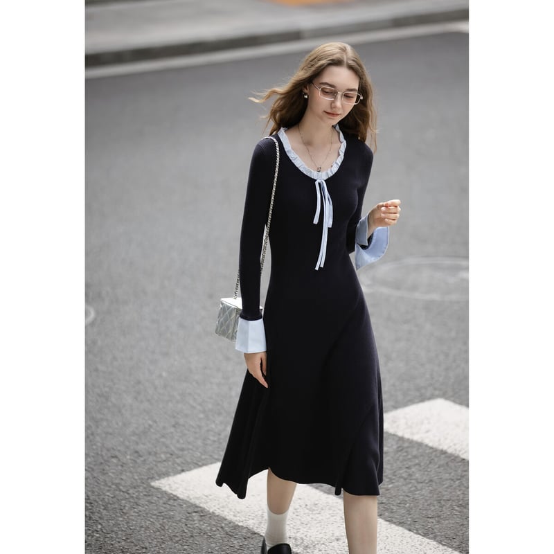 TonLion 2025 Autumn Winter French Style Ruffled Patchwork Dress