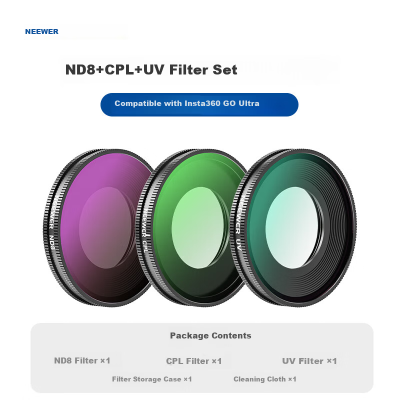NEEWER 3-Piece Filter Kit for Insta360 Go Ultra - CPL, ND, UV