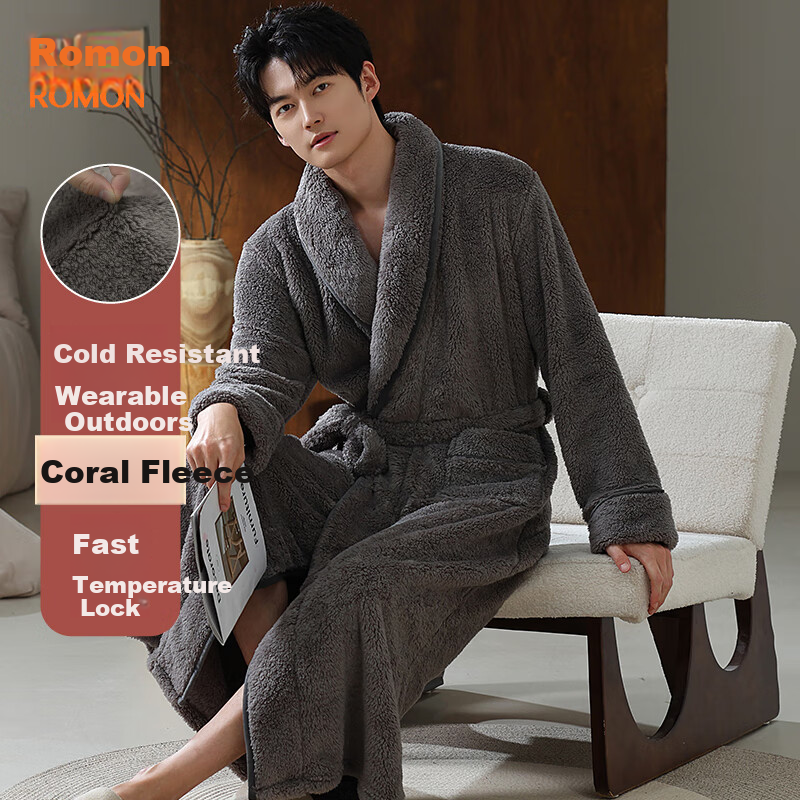 ROMON Men's Thickened Warm Plush Bathrobe