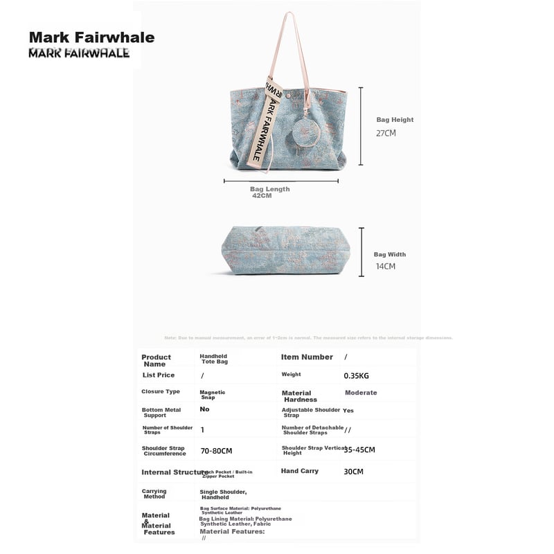 Mark Fairwhale Embroidered Tote Bag - Large Capacity Casual Shoulder Bag