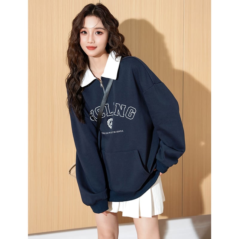 TonLion 2025 Autumn Women's Lapel Color-Block Sweatshirt