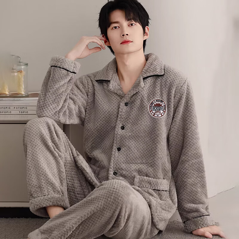XUEXIMAN Men's Thick Flannel Cardigan Pajamas