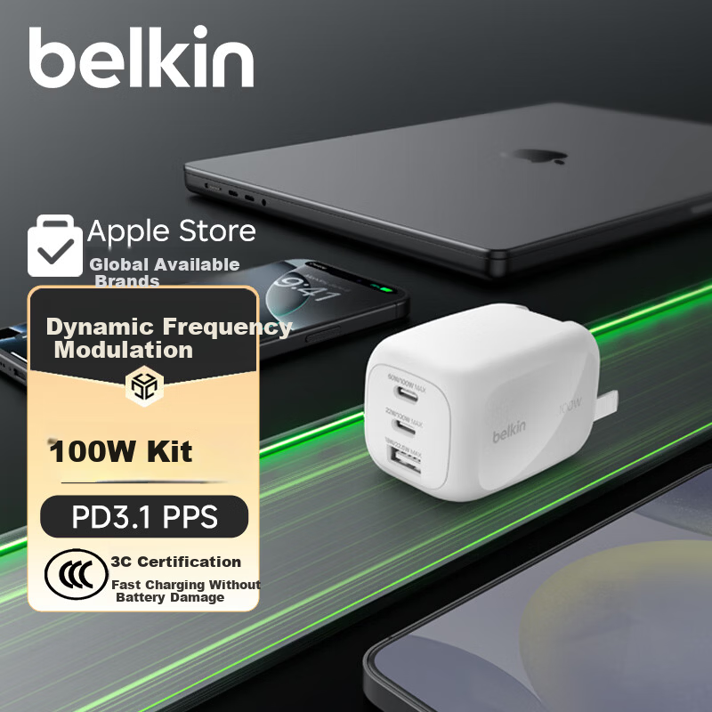 BELKIN 100W Fast Charger with 3-Port Adapter and Cable