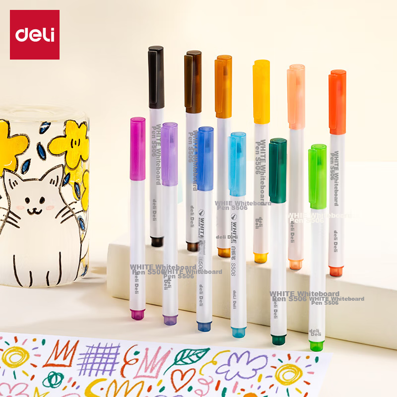 Deli Color Erasable Whiteboard Markers - 12 Colors