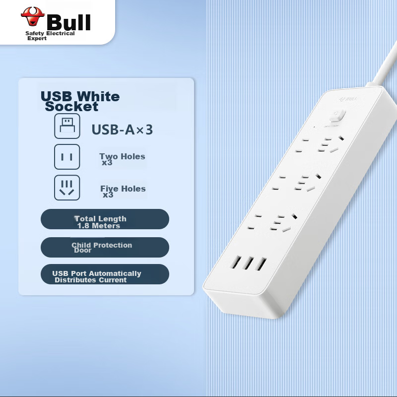 BULL USB Power Strip with 3 USB Ports & 6 Outlets