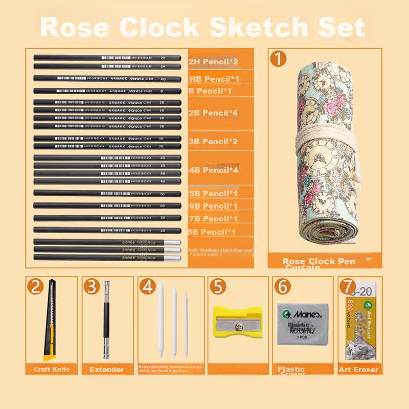 Marie's Sketching Pencil Set for Beginners - Rose Clock Drawing Tools