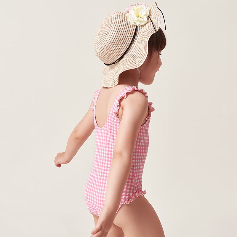 Yizi Girls' One-Piece Swimsuit - Pink and White Checkered Pattern