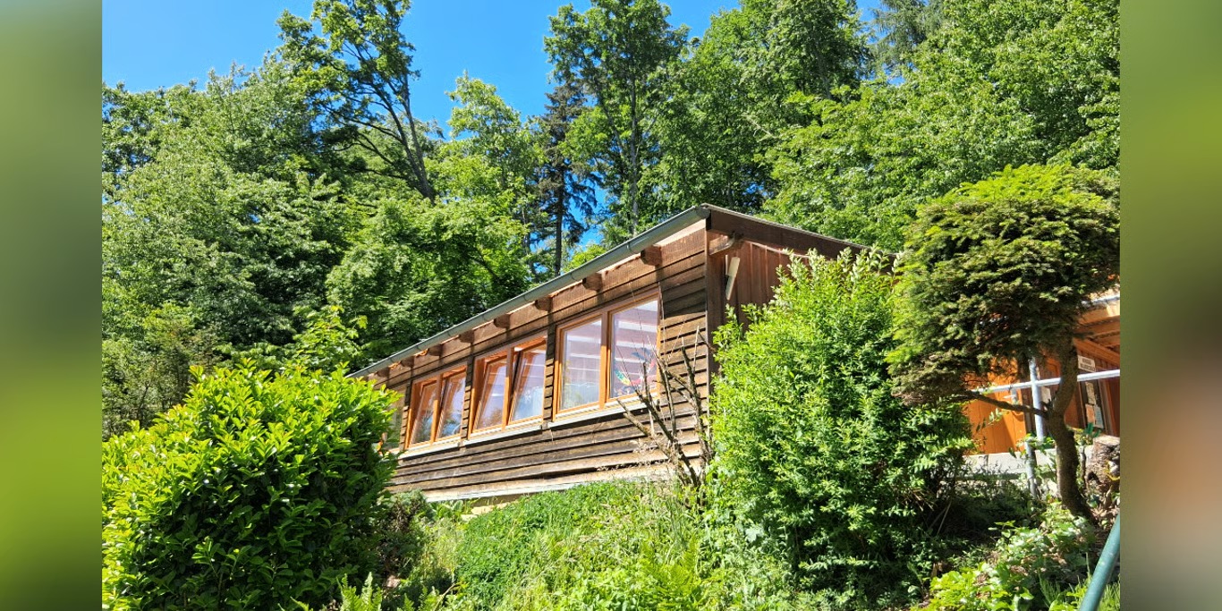 Wooden school building in the forest