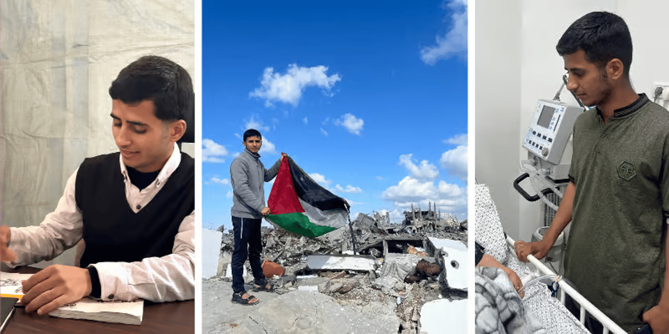 Three moments from one emergency appeal: a young man studying, a man holding a flag over rubble, and a young man at a hospital bedside