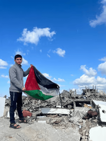 Three moments from one emergency appeal: a young man studying, a man holding a flag over rubble, and a young man at a hospital bedside