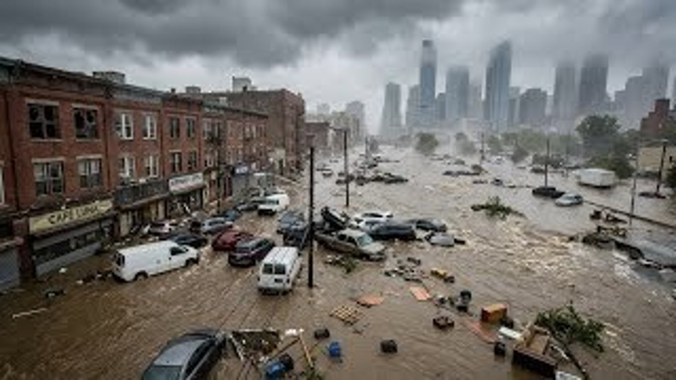 A flooded city street with cars submerged in brown water under storm clouds