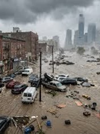 A flooded city street with cars submerged in brown water under storm clouds