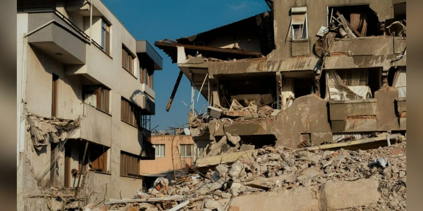 Apartment building collapsed after an earthquake