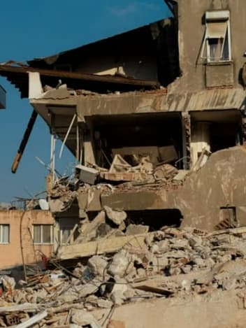 Apartment building collapsed after an earthquake