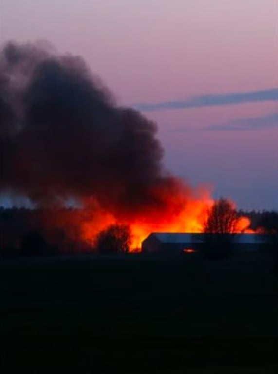 Barn on fire at dusk