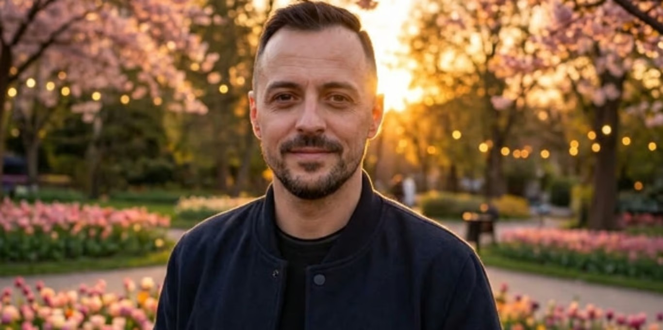 Man smiling in a park at sunset