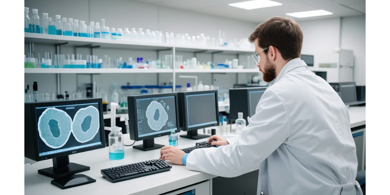 Research team working in a cancer lab