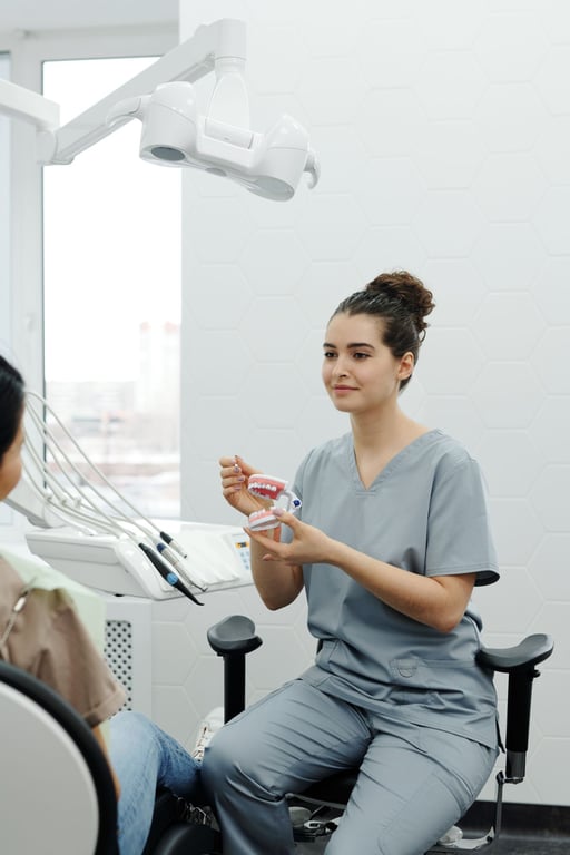 Dentist explaining a dental model to her patient