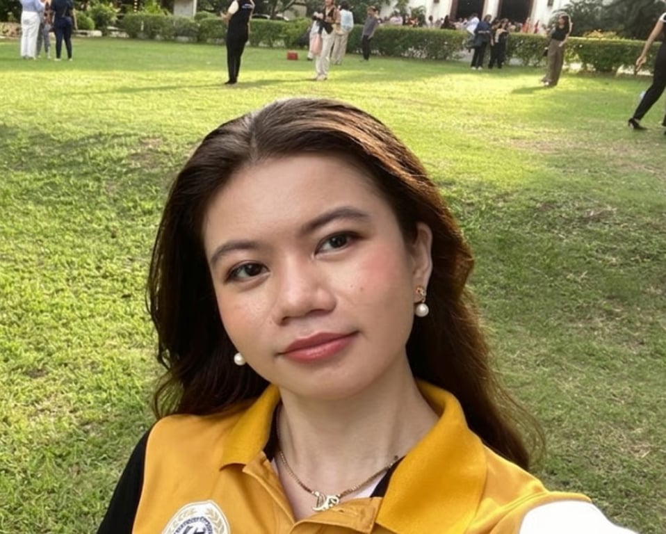 Young woman smiling on a university lawn