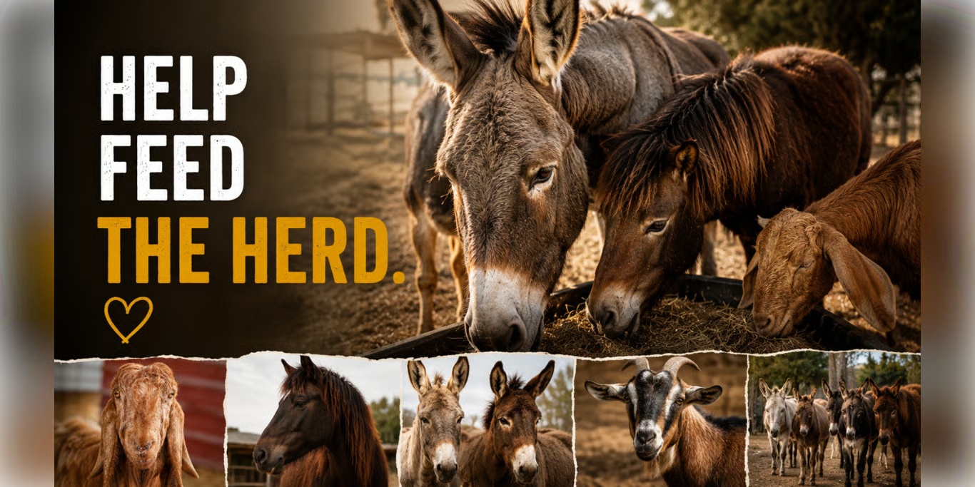 Rescued donkeys and horses at feeding time