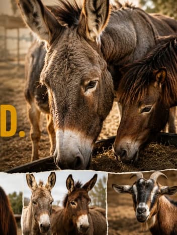 Rescued donkeys and horses at feeding time