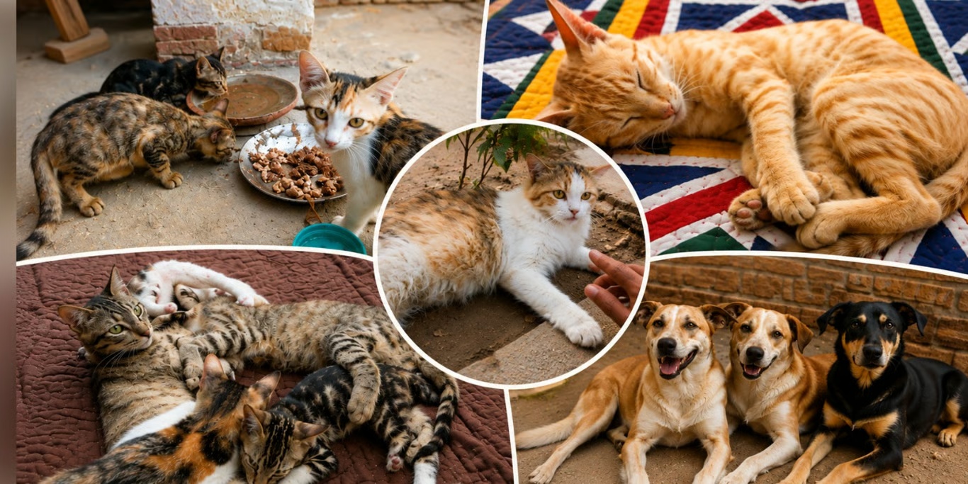 Rescued cats and dogs being cared for