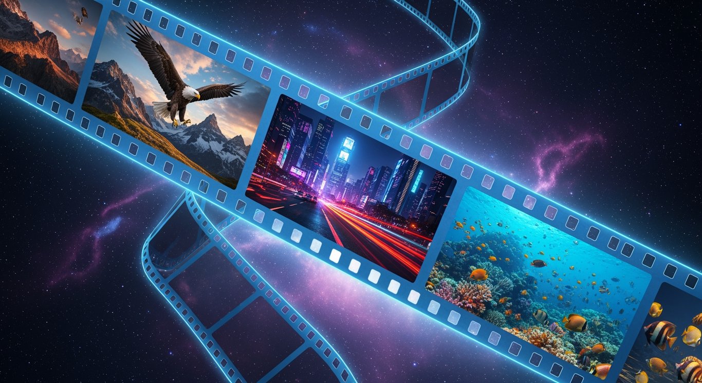 AI video generation showcase with cinematic scenes created from text prompts