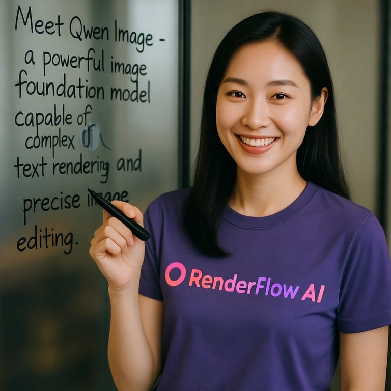 A photorealistic image from the Qwen Image Generator of a woman with a RenderFlow AI logo T-shirt, highlighting Qwen Image's ability to create realistic scenes with branded text.