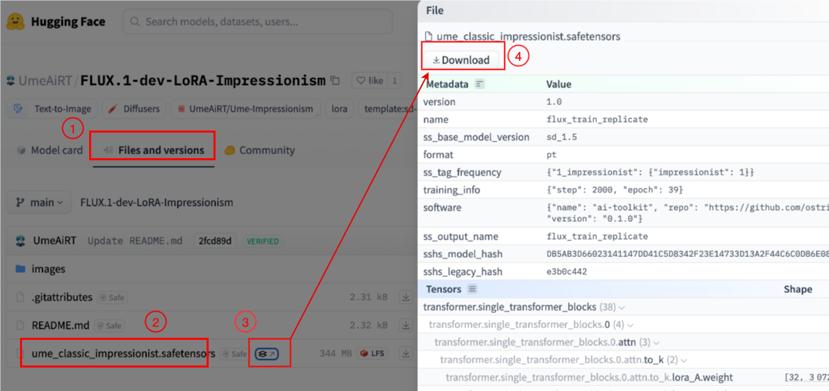 A screenshot of a LoRA model page on the HuggingFace website.