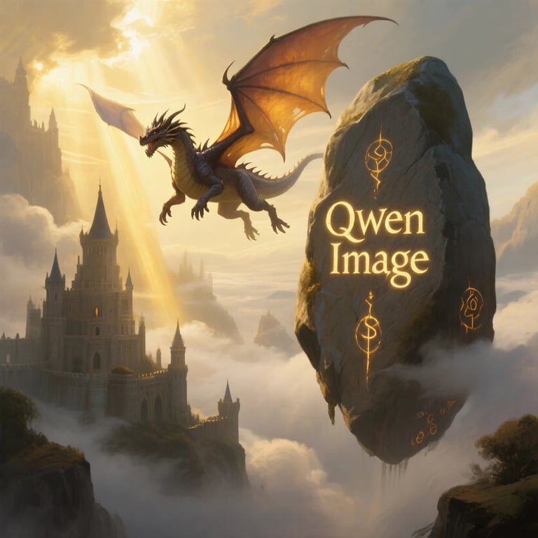 A fantasy illustration by the Qwen Image Generator with the text 'Qwen Image' carved into a stone monolith, demonstrating the model's artistic style versatility.