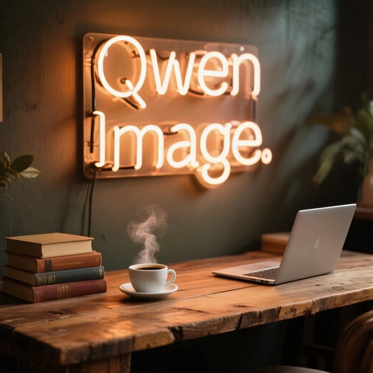 A photorealistic scene by the Qwen Image Generator of a desk with a neon sign that reads 'Qwen Image', showing the qwen image model's attention to detail and lighting.