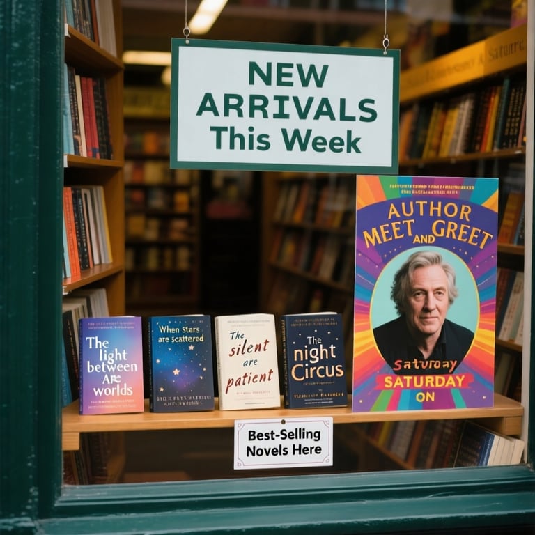 An image created by the Qwen Image Generator showing a bookstore window with text on signs and book covers, demonstrating Qwen Image's text rendering capabilities.