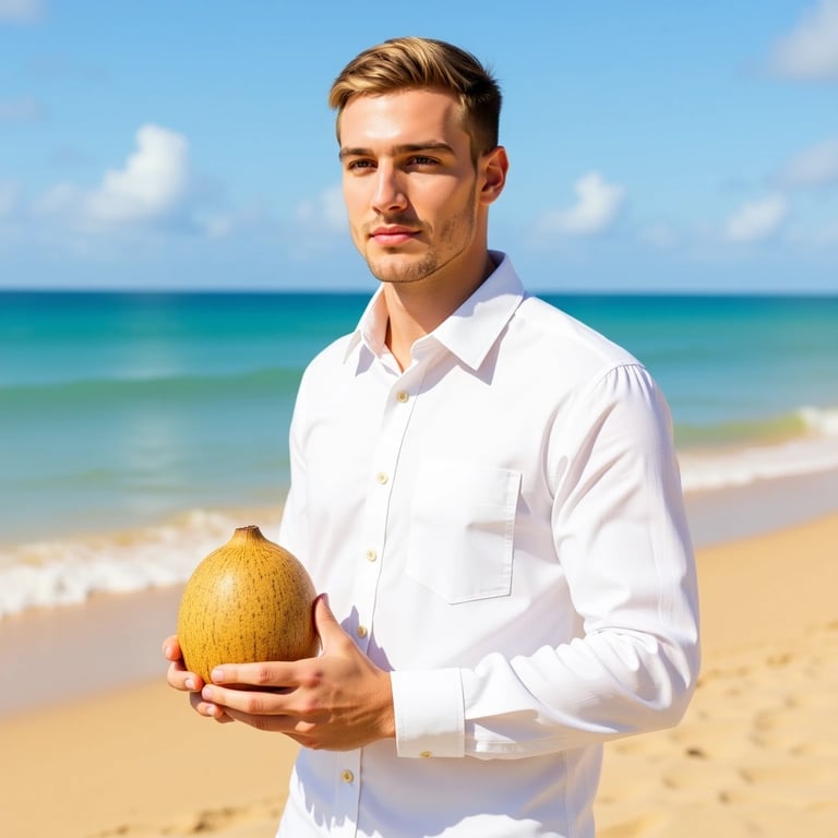 AI image editor combined result showing man with coconut at beach - professional multi-image AI generation