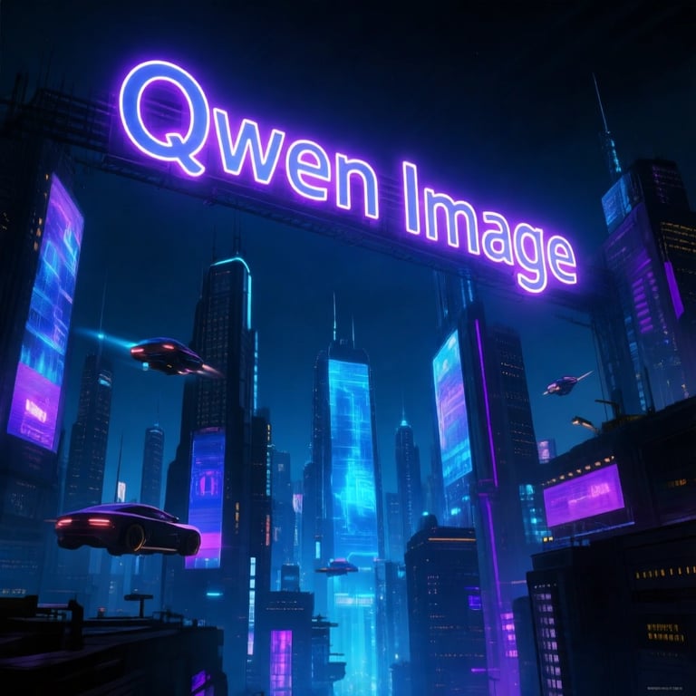 A sci-fi poster from the Qwen Image Generator with glowing neon text 'Qwen Image' above a futuristic city, a testament to the qwen image model's realistic rendering.
