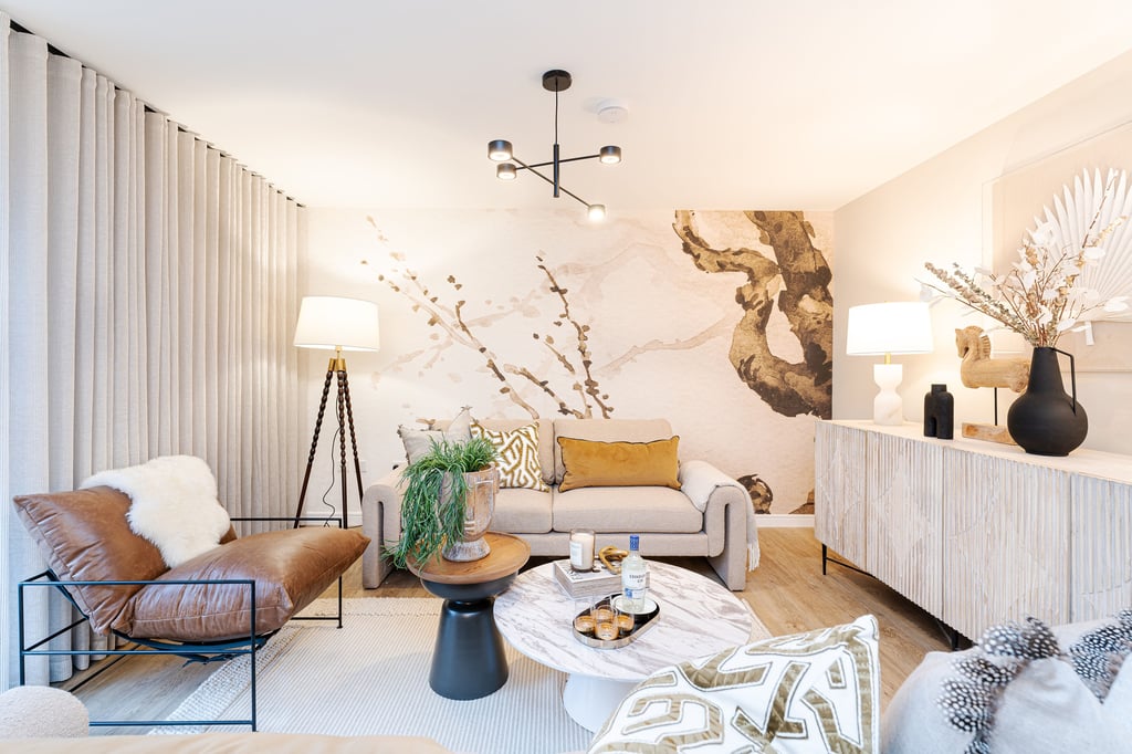 Property PR Photography of a living room at new development, a including a leather sofa, fabric sofa and coffee table amongst other modern decor