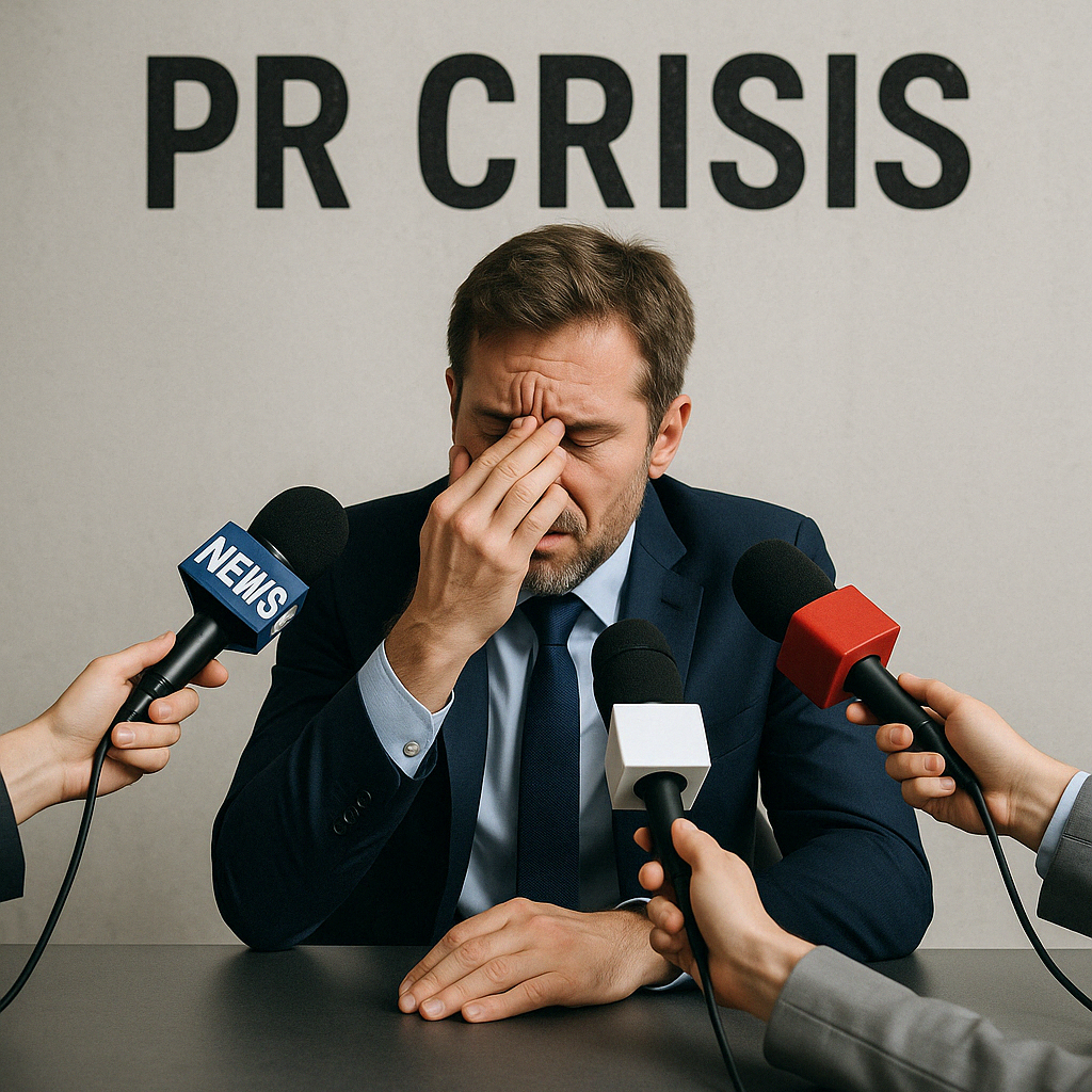 A man with media microphones pointing at him in the middle of a PR crisis | Housing PR