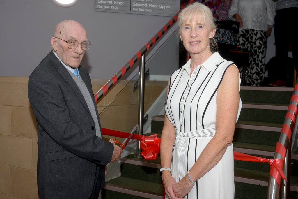 The longest serving resident at Kelvin Court, Mr Abercrombie with Hanover CEO Angela Currie, as showcased by Social Care PR.