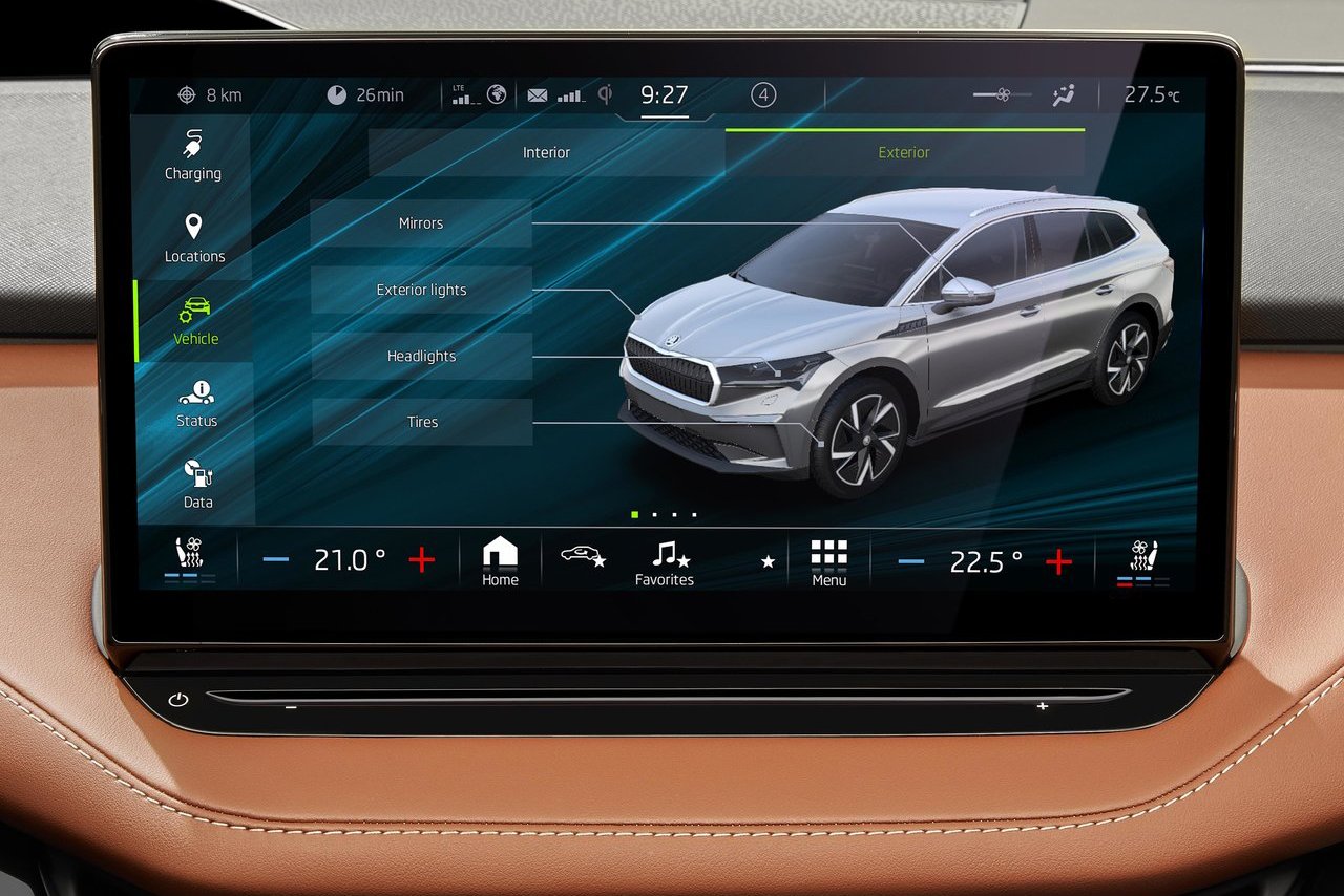 Close-up of the Skoda Enyaq’s advanced infotainment system display, showcasing cutting-edge technology and customisable features.