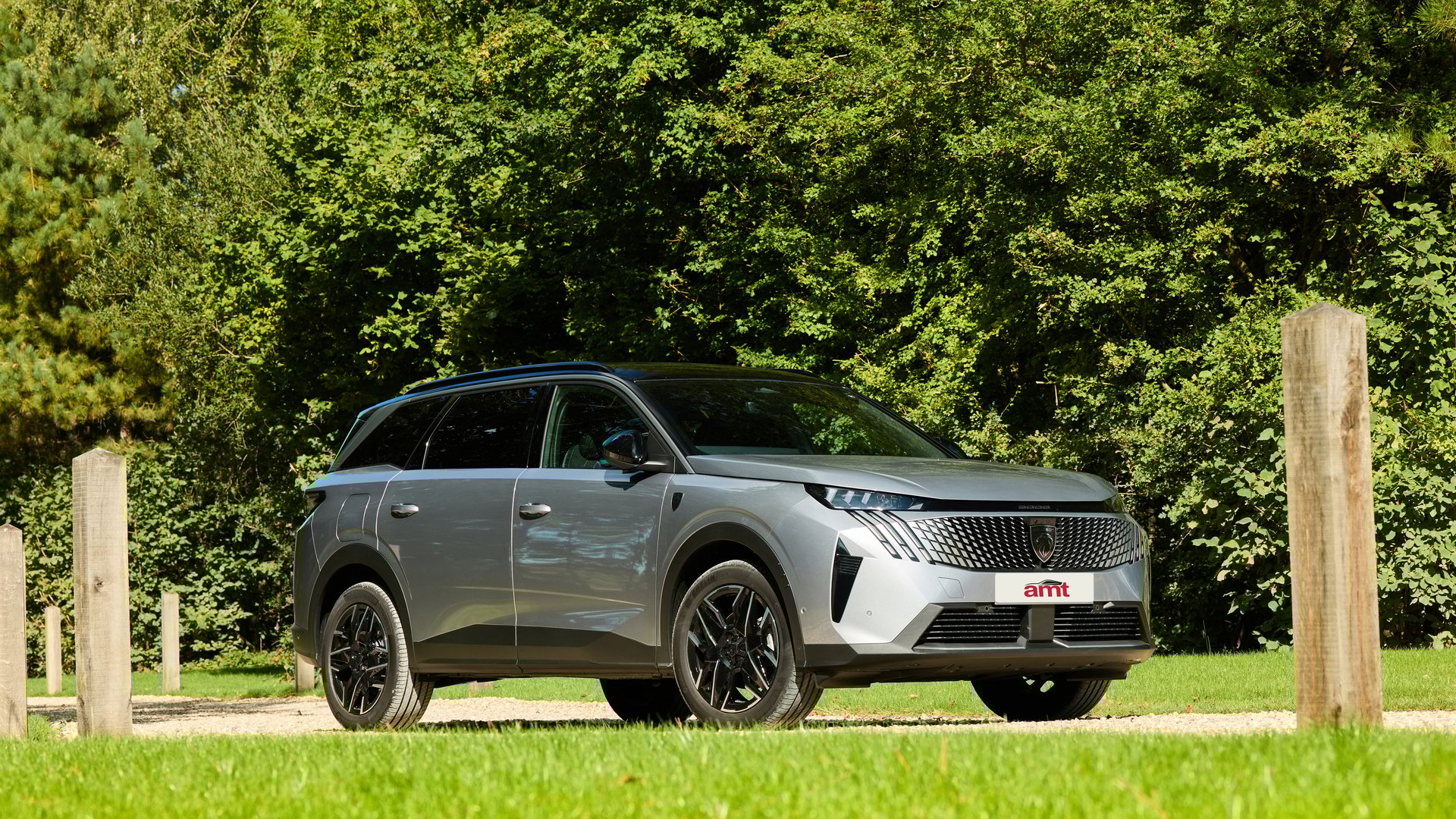A silver Peugeot 5008, a sophisticated 7 seater car, parked on a grassy area with a backdrop of lush green trees on a sunny day
