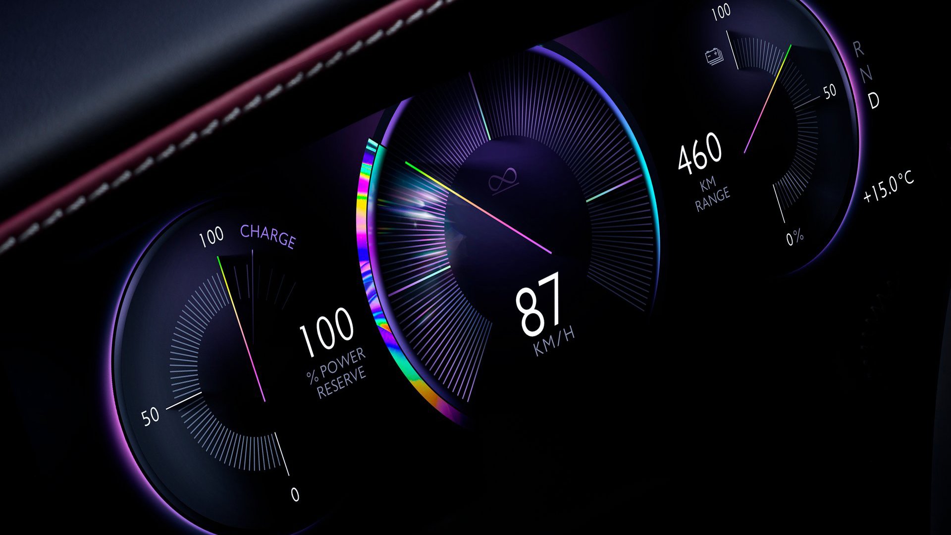 Digital instrument cluster of the Rolls-Royce Spectre Black Badge, displaying futuristic lighting elements and performance metrics with a high-tech interface.