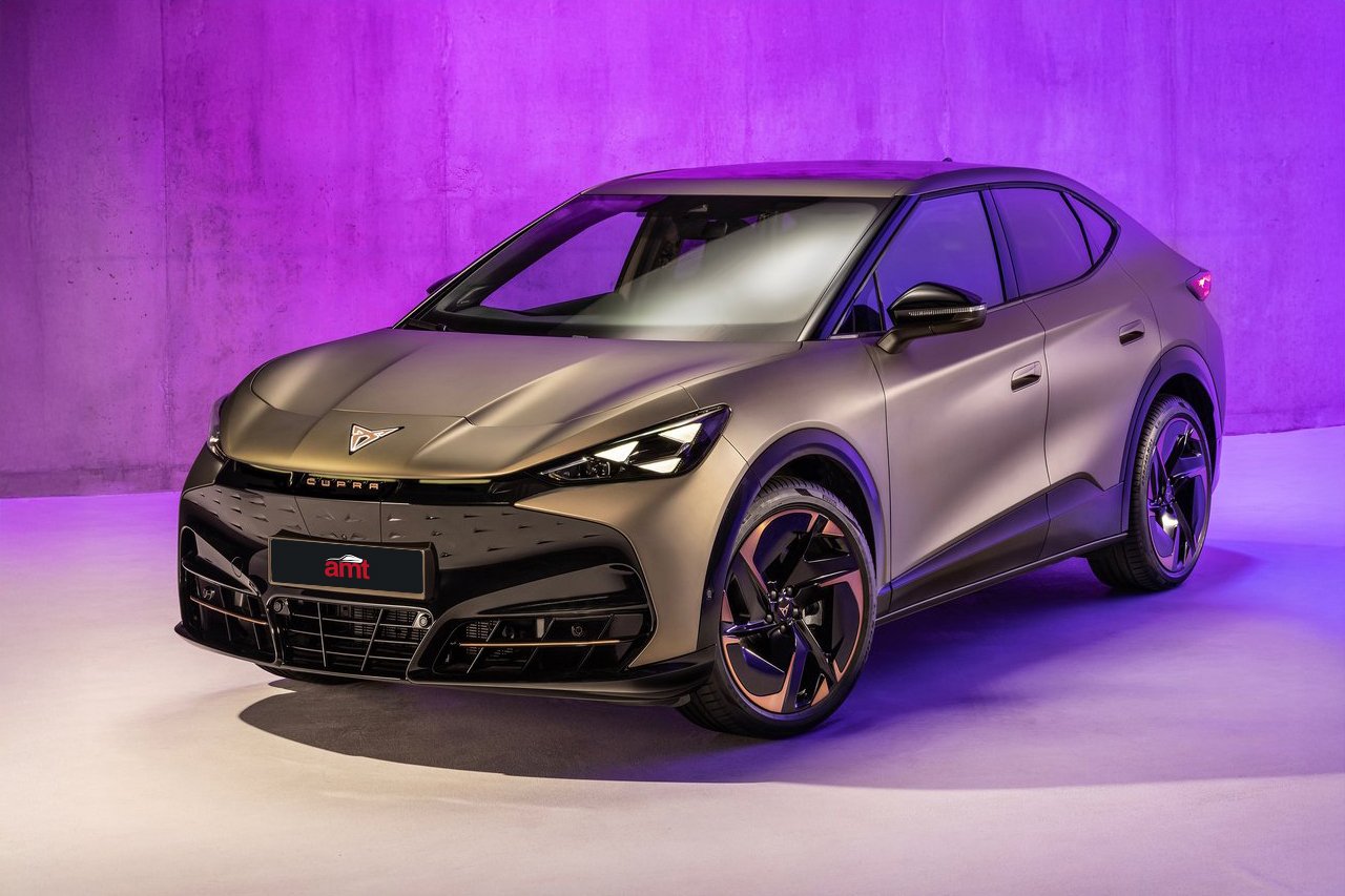 The Cupra Tavascan viewed from a different angle, highlighting its bold front grille, aerodynamic body lines, and innovative design against a purple backdrop.
