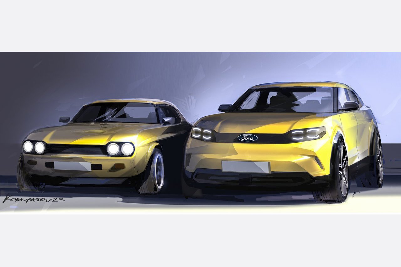 Artistic rendering of a vintage Ford Capri alongside its modern reinterpretation, highlighting the evolution of design while preserving iconic elements.