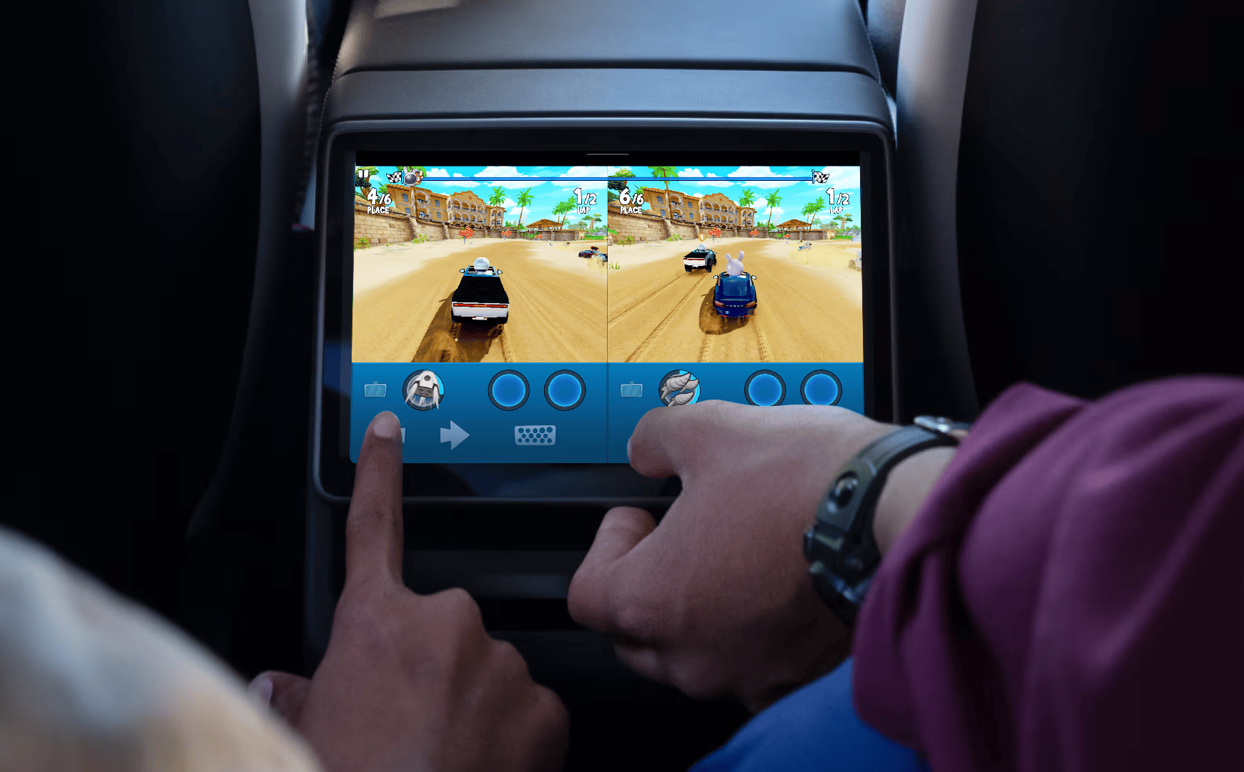 Rear touchscreen in the Tesla Model Y 2025 facelift , with passengers using gaming features and climate control options.