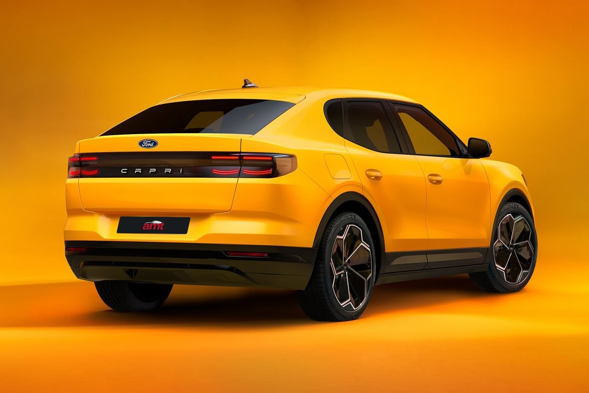 Rear three-quarter view of the yellow Ford Capri in a studio setting, highlighting its sleek tail design with bold ‘Capri’ badging, modern taillights, and aerodynamic curves.