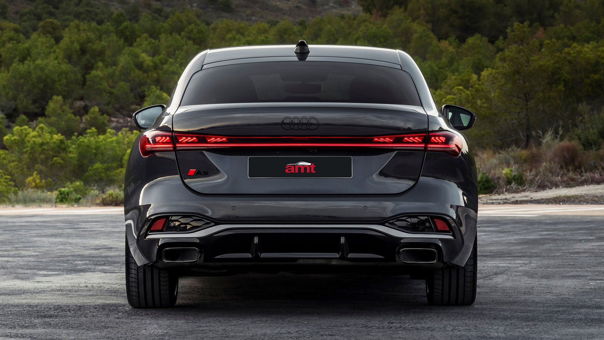 Distinctive rear design of the 2025 Audi A5, showcasing LED tail lights and sporty exhausts in a serene outdoor setting.