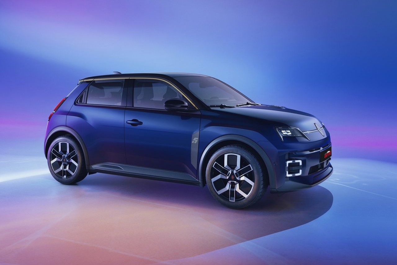 The Renault 5 in an elegant blue finish, displayed against a cool purple and blue gradient background, highlighting its sporty look.