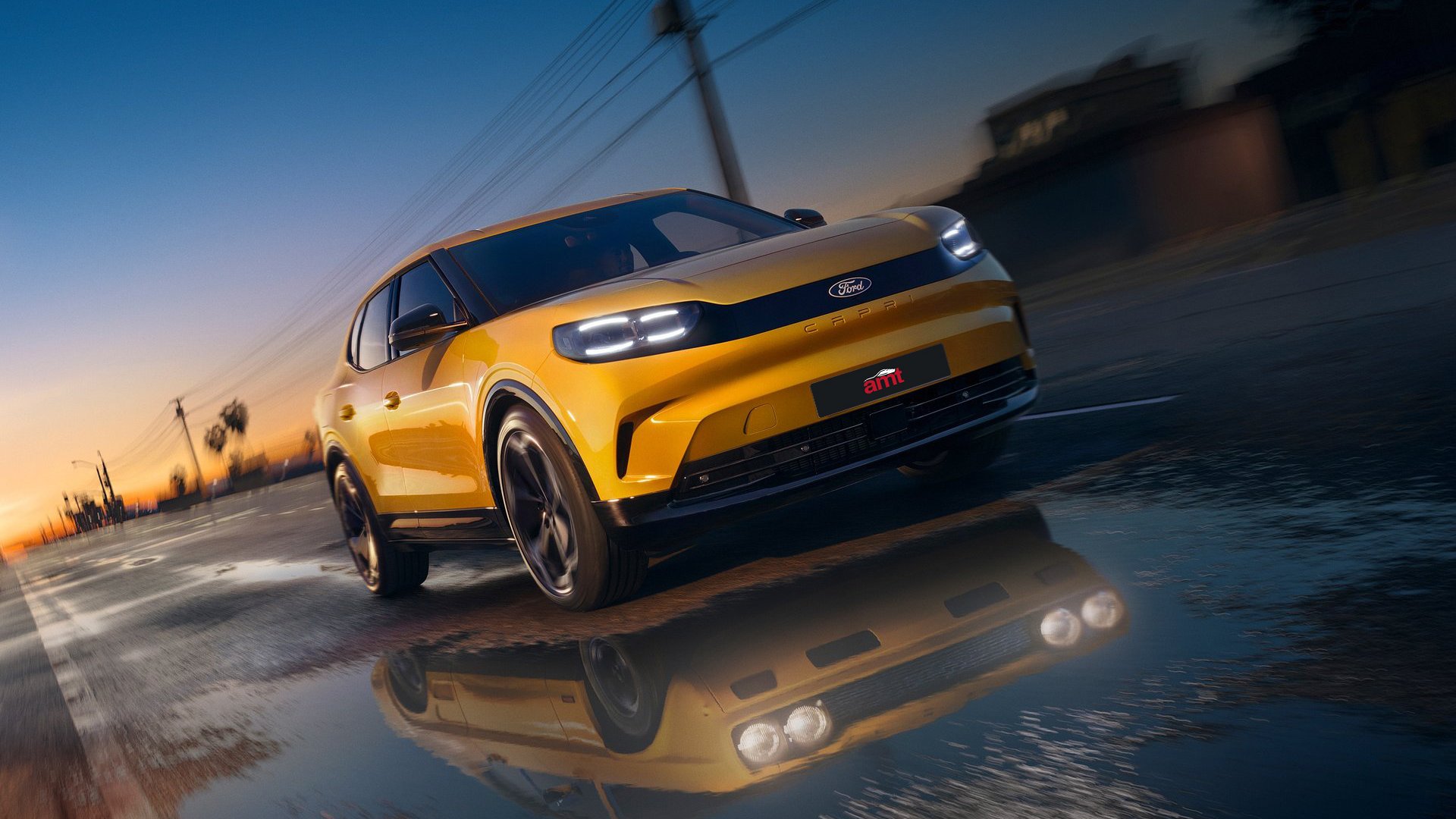Dynamic shot of a yellow Ford Capri driving on a wet road at dusk, reflecting its striking silhouette in a puddle with a moody urban background.