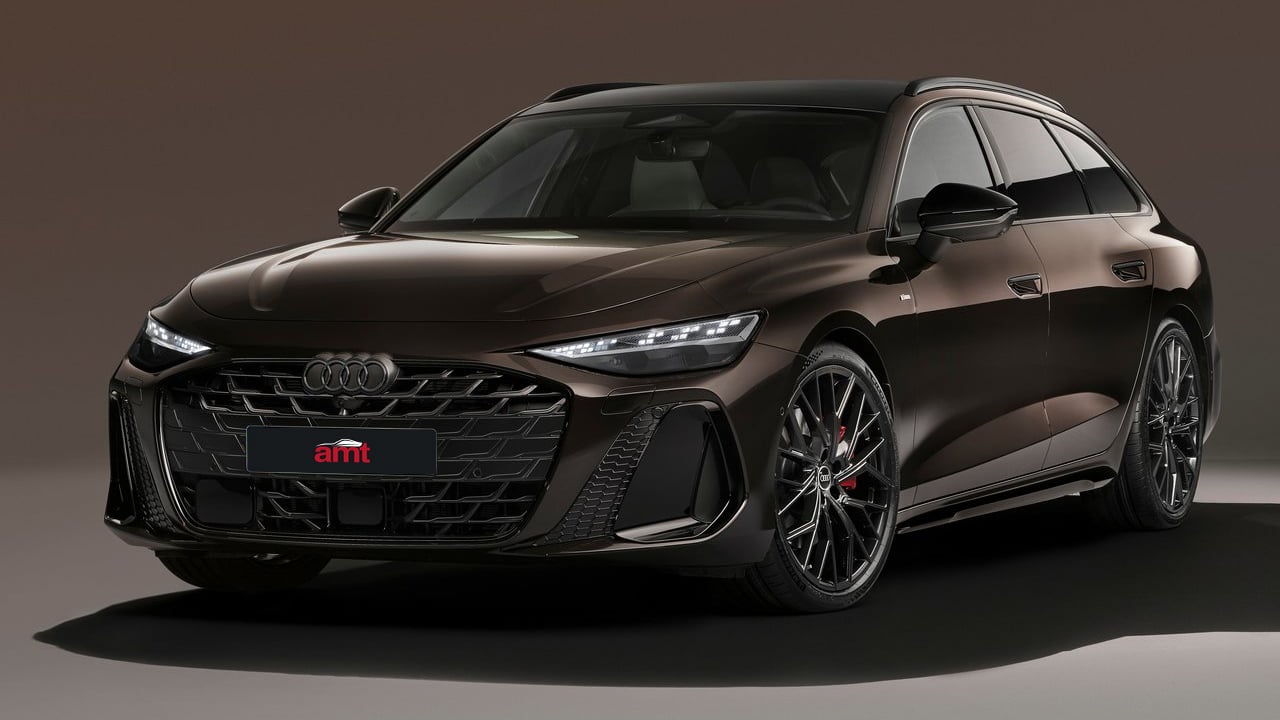 A front three-quarter view of the Audi A6 Avant under studio lighting, highlighting its sharp LED headlights, signature Audi grille, and premium design.