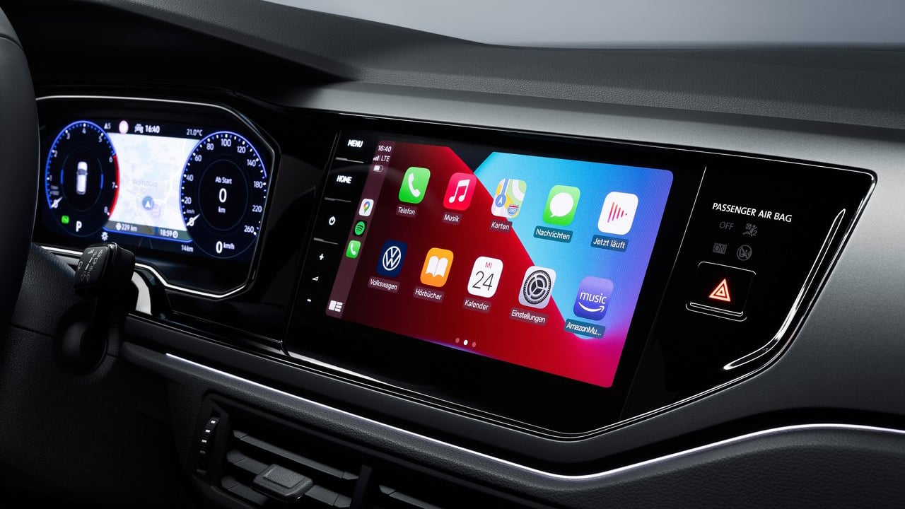 Interior view of the 2024 Volkswagen Polo display showing Apple CarPlay for the interior tech review