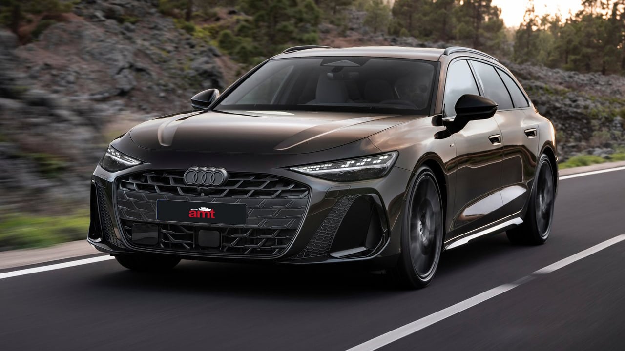 The Audi A6 Avant in motion on an open road, highlighting its aerodynamic body, aggressive front grille, and sleek LED headlights.